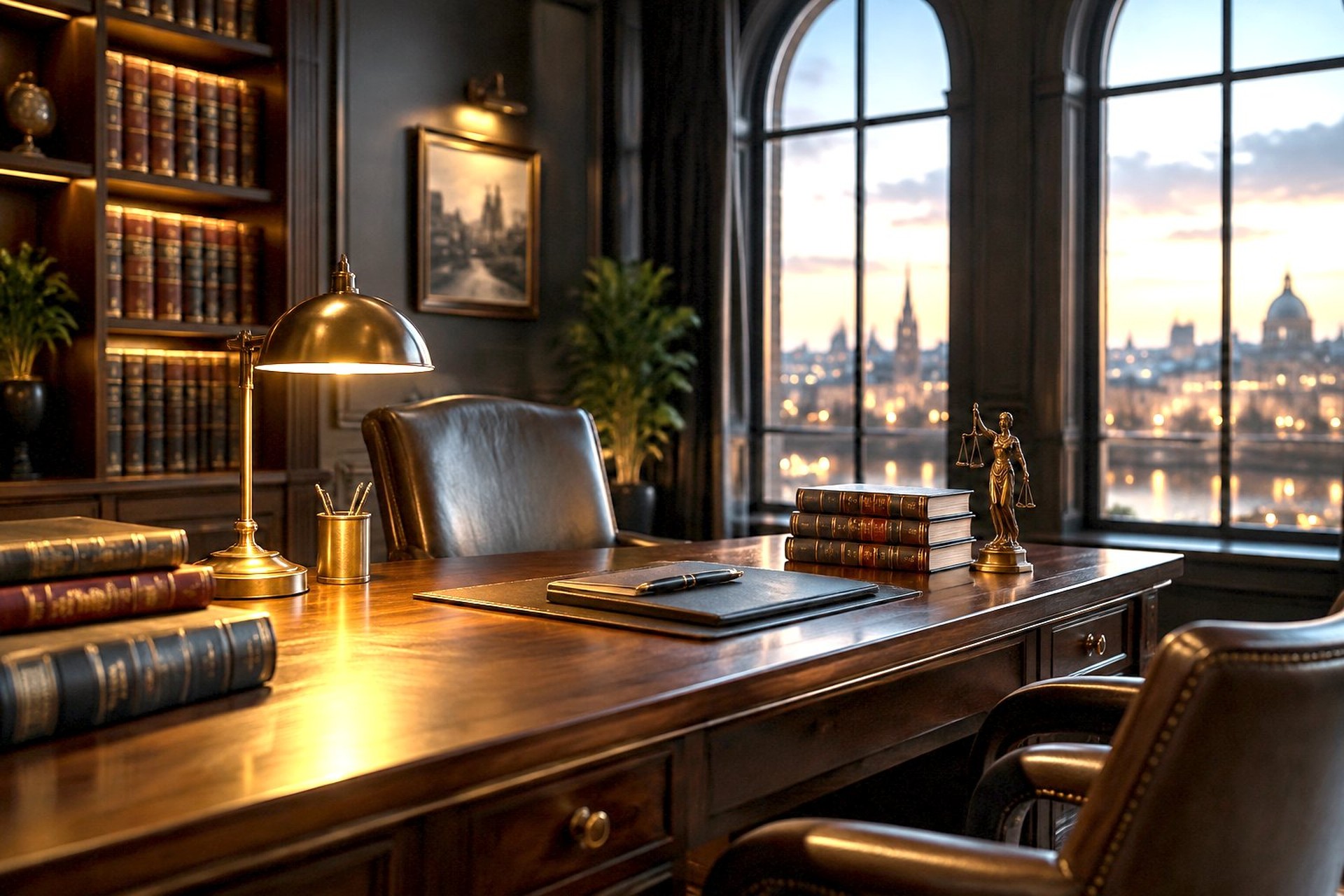 Moody interior of a dark law office at dusk with a walnut desk and brass lamp