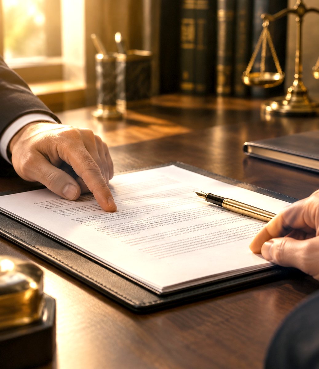 Two hands reviewing a printed contract on a dark walnut desk