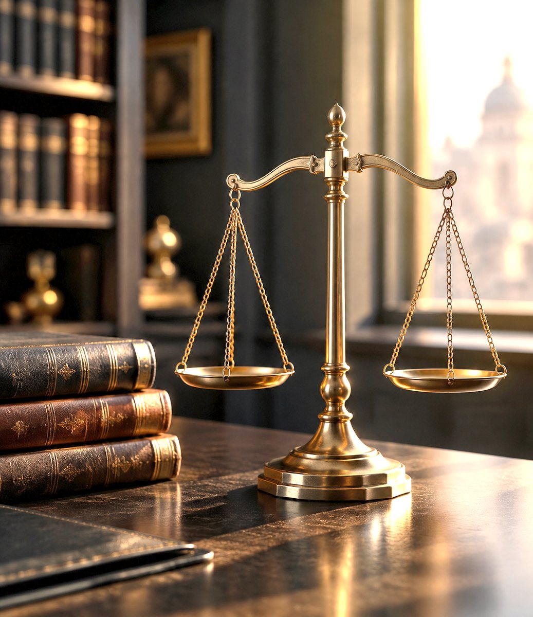 Antique brass scales of justice beside a stack of law books