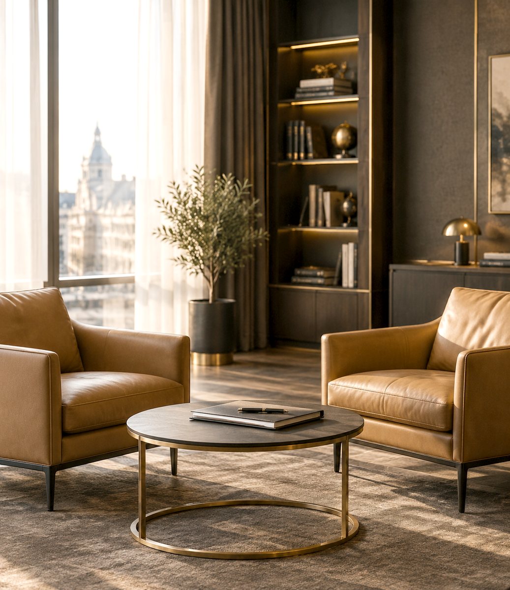 Quiet legal consultation room with two leather armchairs