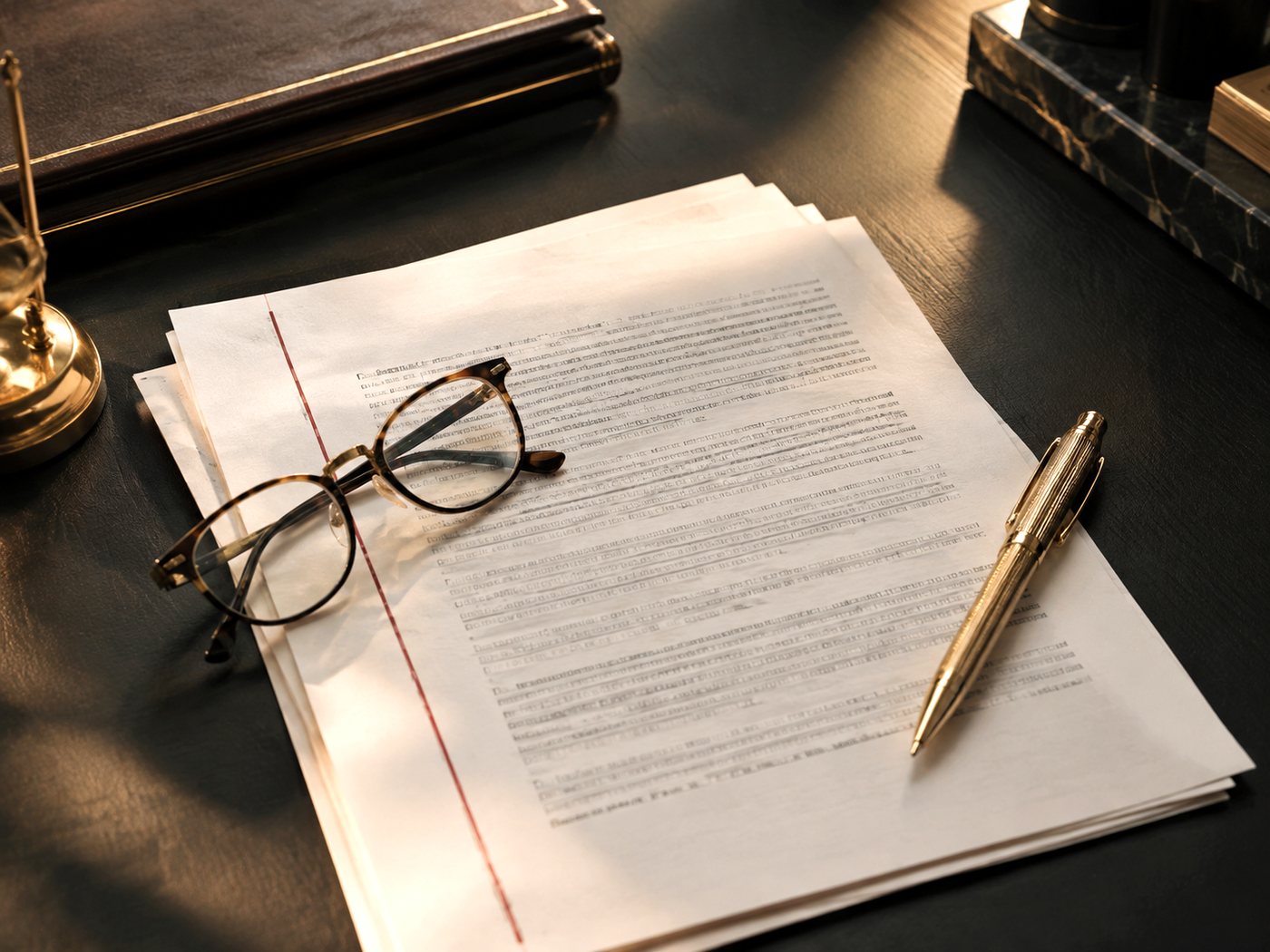 Two hands reviewing a printed contract with a pen on a dark desk
