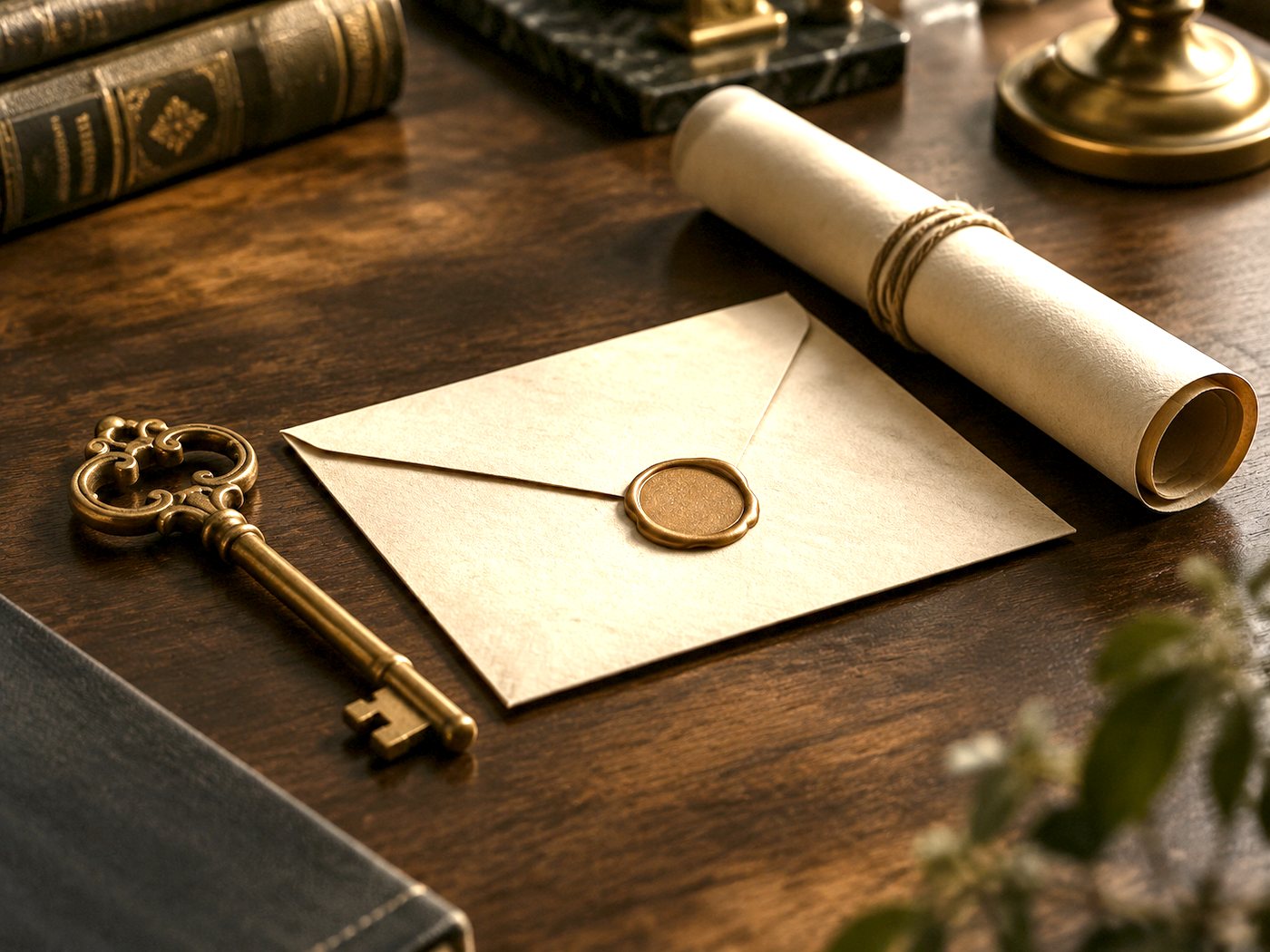 Brass key, sealed envelope and rolled documents on a dark surface