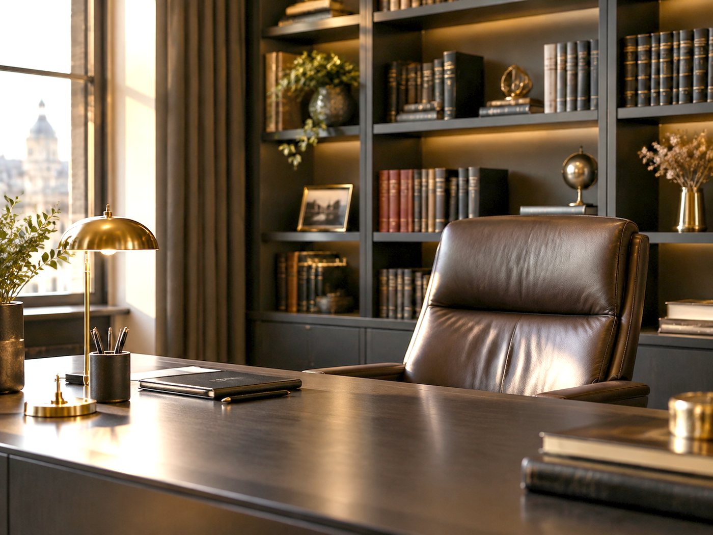 Private consultation office with a dark desk, leather chair and warm lamp light
