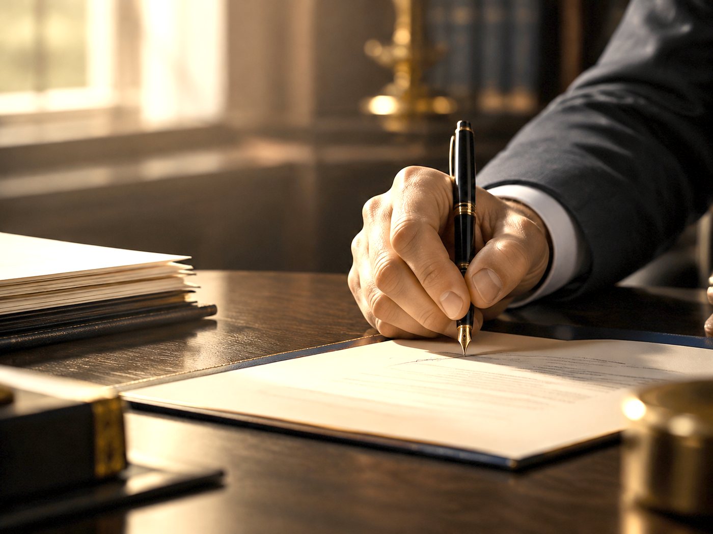 Hand signing a formal document with a fountain pen on a dark desk