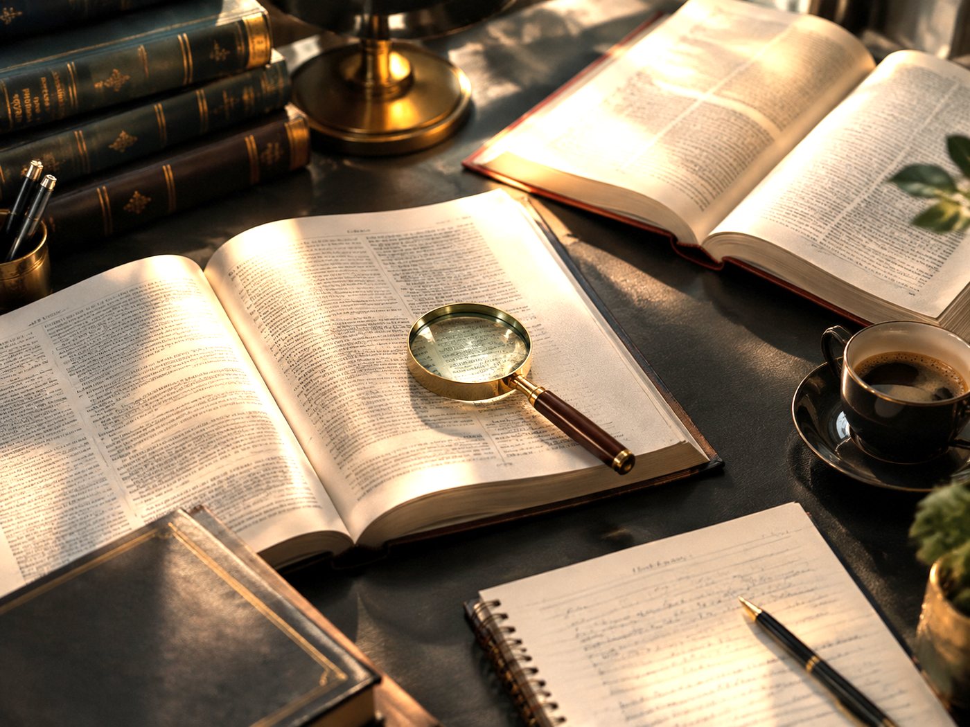 Overhead study scene with open legal books, a magnifier and a notebook on a dark desk