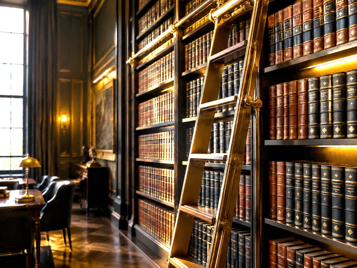 Tall wall of leather-bound law books in a dim elegant library