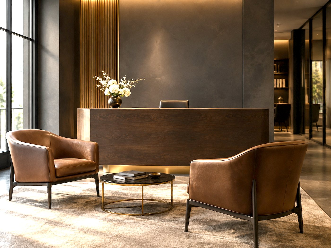 Elegant minimal reception area of a boutique consultancy with white flowers
